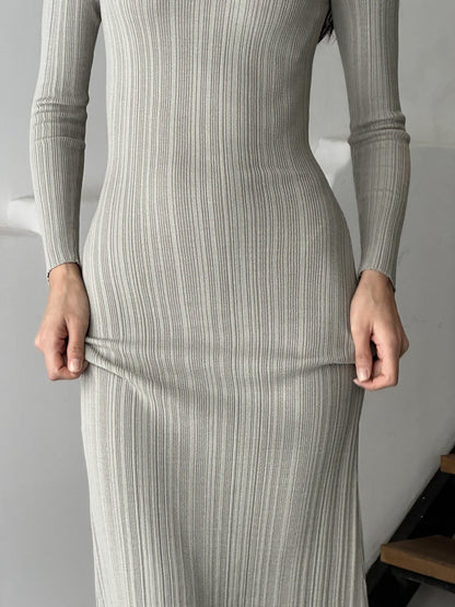 Slimming Long Sleeved Knitted Maxi Dress Casual Waist Tight Messy Sunken Stripe Maxi Dress Women