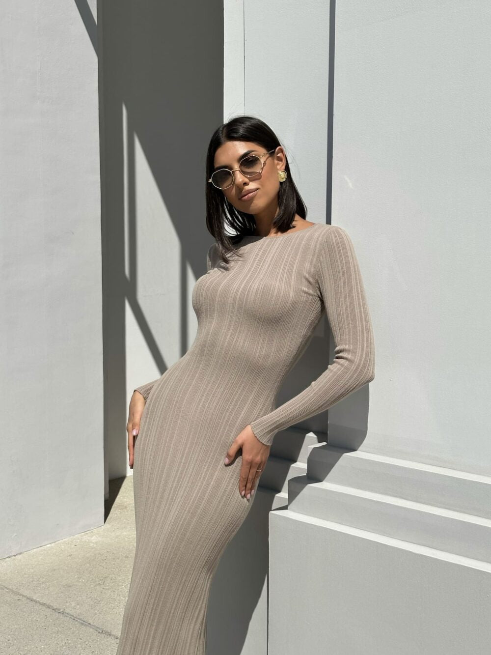 Slimming Long Sleeved Knitted Maxi Dress Casual Waist Tight Messy Sunken Stripe Maxi Dress Women