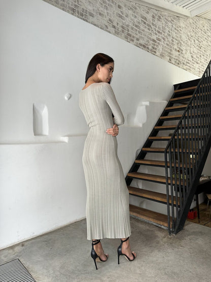 Slimming Long Sleeved Knitted Maxi Dress Casual Waist Tight Messy Sunken Stripe Maxi Dress Women