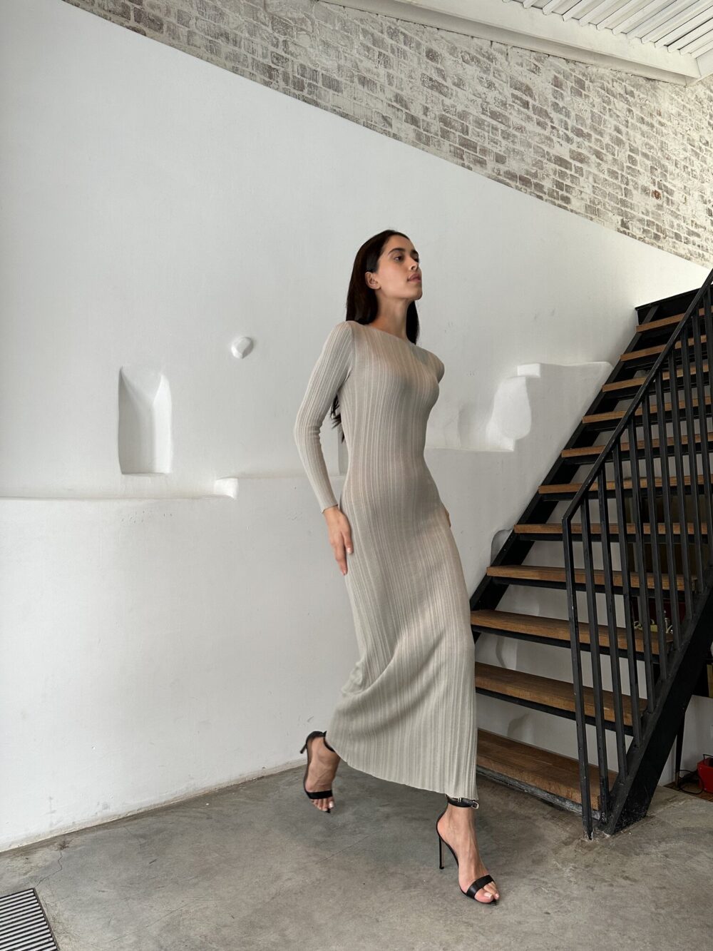 Slimming Long Sleeved Knitted Maxi Dress Casual Waist Tight Messy Sunken Stripe Maxi Dress Women