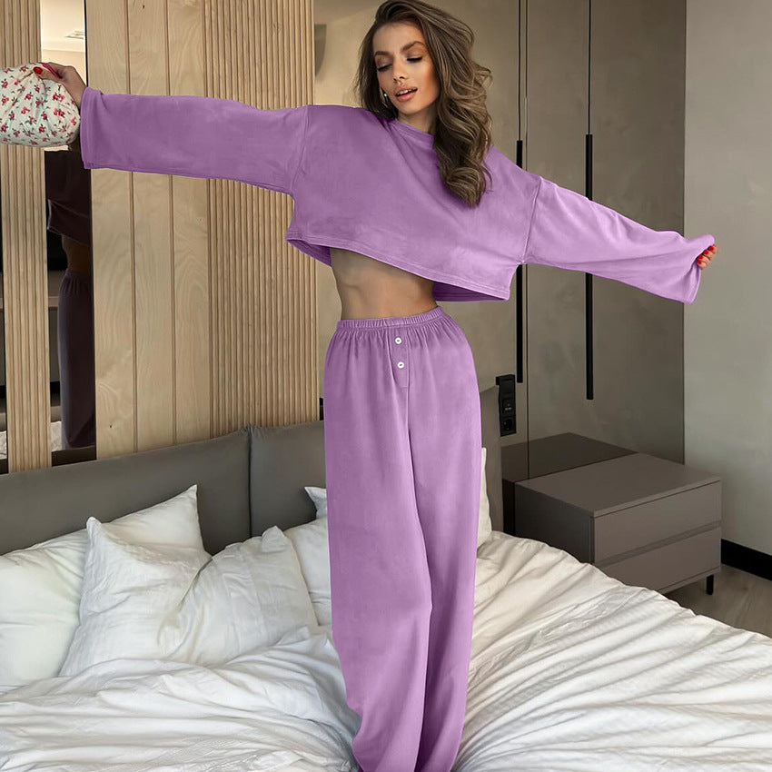 Autumn Velvet Warm Purple Long Sleeve Trousers Soft Knitted Pajamas Women Home Wear