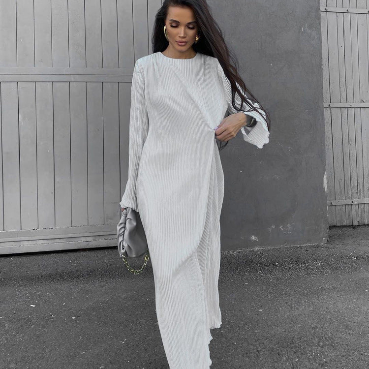 Women Clothing Dress Pleated round Neck Long Sleeve Solid Color Loose Maxi Dress Slimming Casual