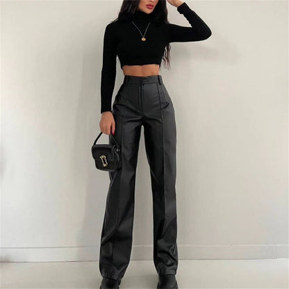 Women Clothing Faux Leather Trousers Autumn Winter Casual Pants Fried Street Cool Straight Leg Pants Figure Flattering Leather Pants Women