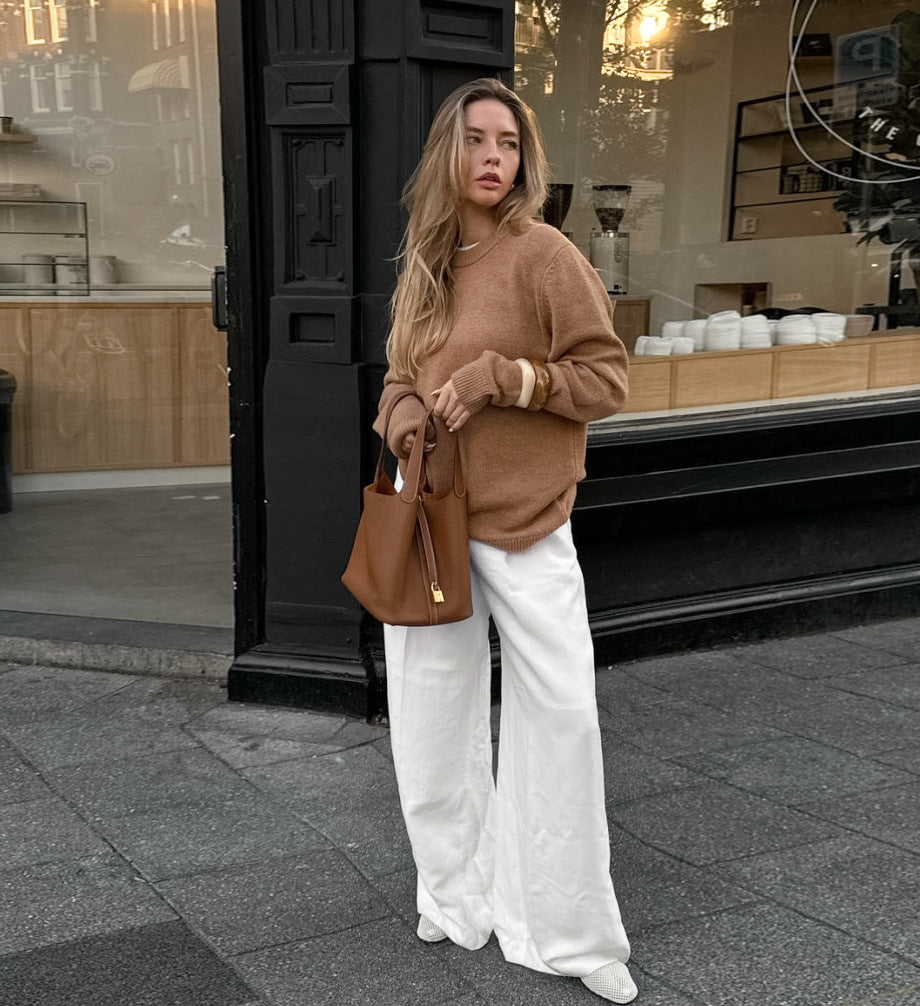 Spring Summer Office Lazy Cotton Linen Niche White High Waist Wide Leg Pants Loose Pockets Casual Pants Women Clothing