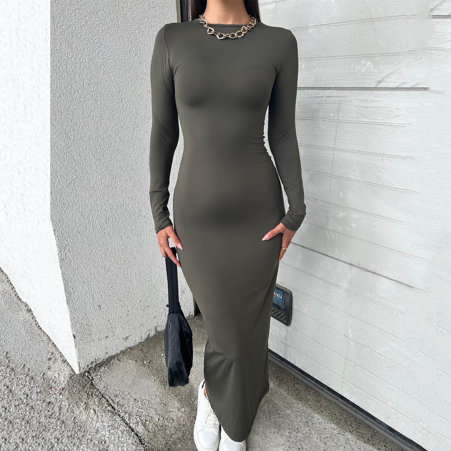 Autumn Winter Solid Color round Neck Long Sleeved Dress Women Skinny Sheath Slim Sexy Maxi Dress