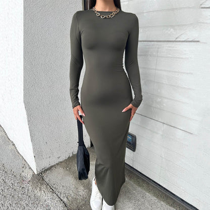 Autumn Winter Solid Color round Neck Long Sleeved Dress Women Skinny Sheath Slim Sexy Maxi Dress