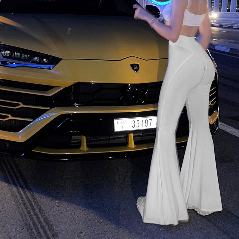 Women Clothing Summer Sexy See Through Solid Color High Waist Tight Horn Long Sleeve Slacks