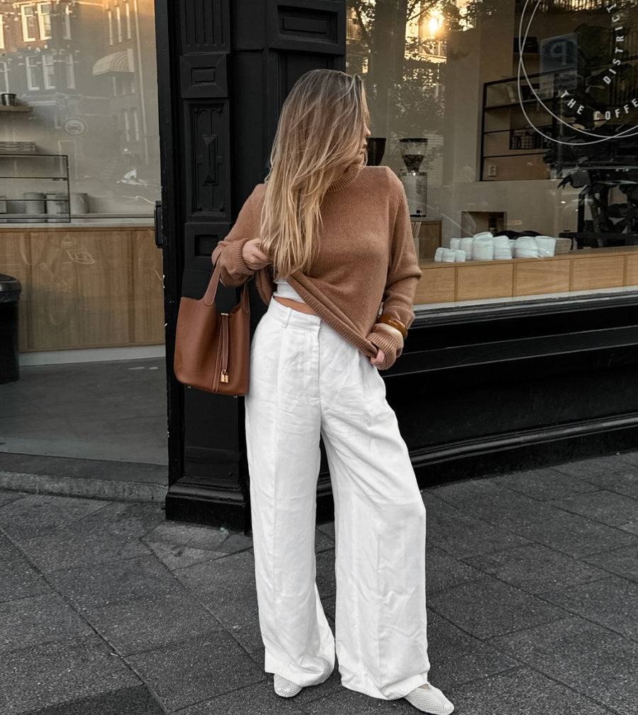 Spring Summer Office Lazy Cotton Linen Niche White High Waist Wide Leg Pants Loose Pockets Casual Pants Women Clothing