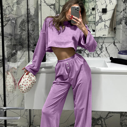 Autumn Velvet Warm Purple Long Sleeve Trousers Soft Knitted Pajamas Women Home Wear