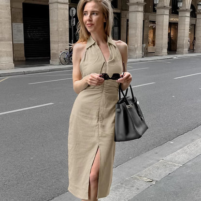 French Khaki Cotton Linen Slim Fit Waist Tight Dress Spring Summer Midi Dress for Women