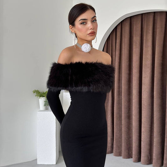 Autumn Maxi Dress Elegant off Shoulder Fur Collar Slim Fit Dress Women