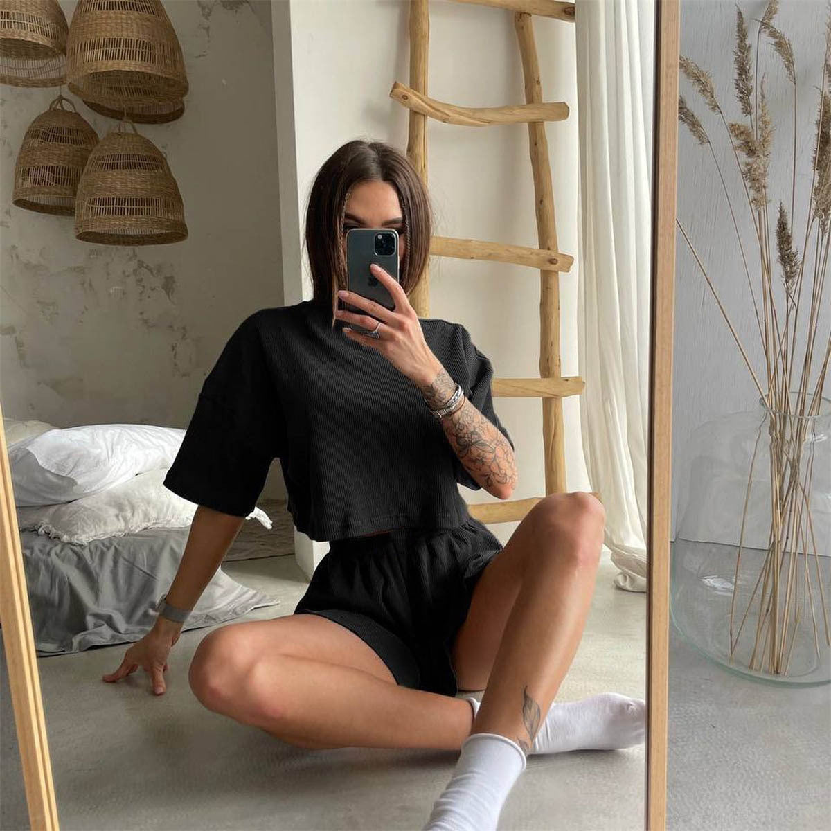 Summer Waffle Casual Suit Women Short T shirt round Neck Short Sleeve Top Shorts Sexy Two Piece Suit Women