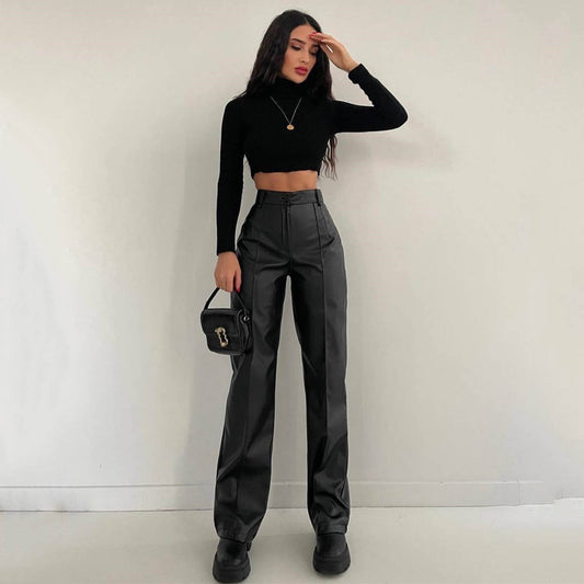 Women Clothing Faux Leather Trousers Autumn Winter Casual Pants Fried Street Cool Straight Leg Pants Figure Flattering Leather Pants Women