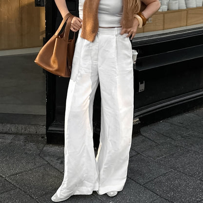 Spring Summer Office Lazy Cotton Linen Niche White High Waist Wide Leg Pants Loose Pockets Casual Pants Women Clothing