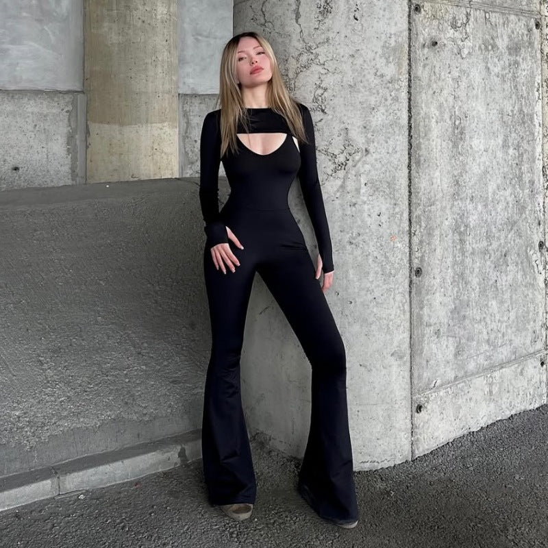 Spring Women Solid Color Long Sleeve Tight Braces Hip Lifting Jumpsuit Two Piece Set