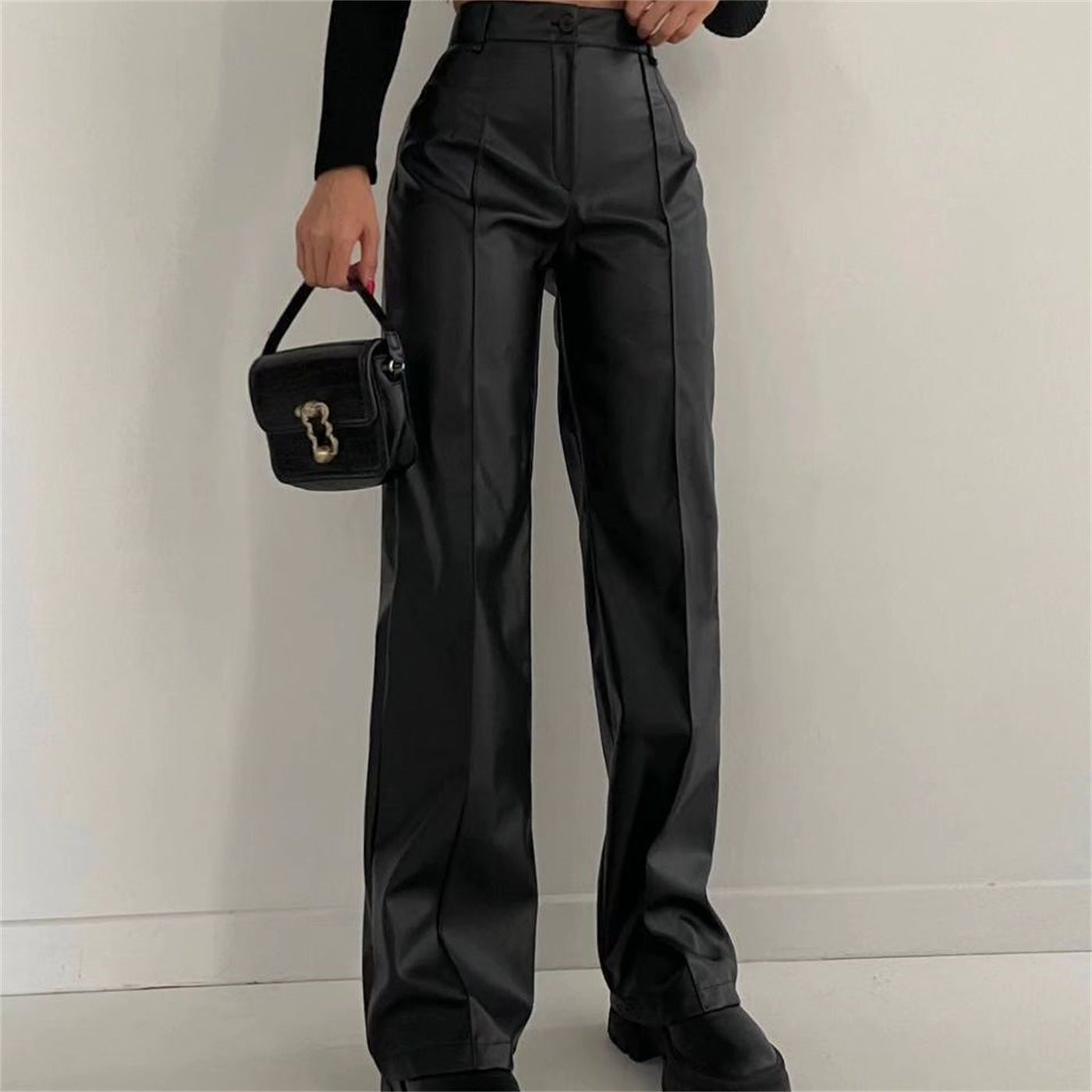 Women Clothing Faux Leather Trousers Autumn Winter Casual Pants Fried Street Cool Straight Leg Pants Figure Flattering Leather Pants Women