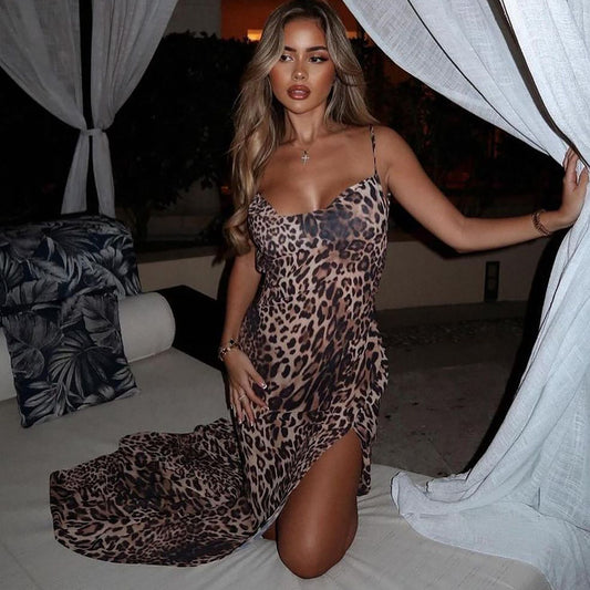 Summer Street Leopard Print Printed Sexy V neck Split Sling Dress Women Clothing