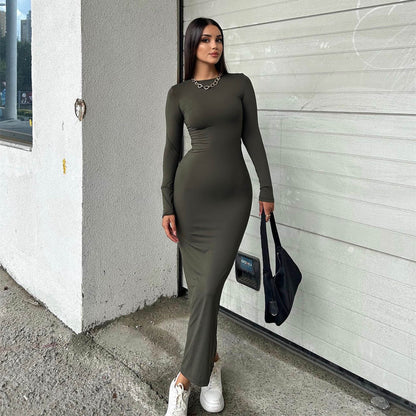 Autumn Winter Solid Color round Neck Long Sleeved Dress Women Skinny Sheath Slim Sexy Maxi Dress